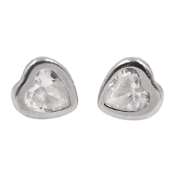 Pair of white gold cubic zirconia heart stud earrings, stamped 9K
