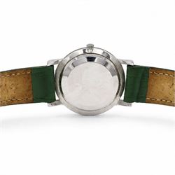 Omega gentleman's stainless steel manual wind wristwatch, silvered dial with baton and Arabic hour markers, on green leather strap
