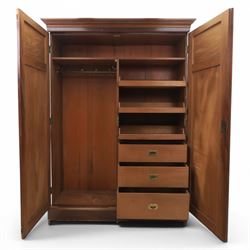 Edwardian walnut double wardrobe, fitted with two panelled doors, opening to reveal fitted interior with hanging space, three sliding linen trays and three drawers