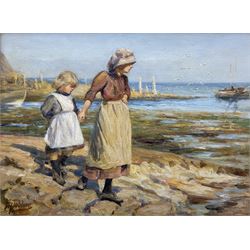 Robert Jobling (Staithes Group 1841-1923): Children at the Foot of Cowbar Nab, oil on canvas signed 29cm x 39cm