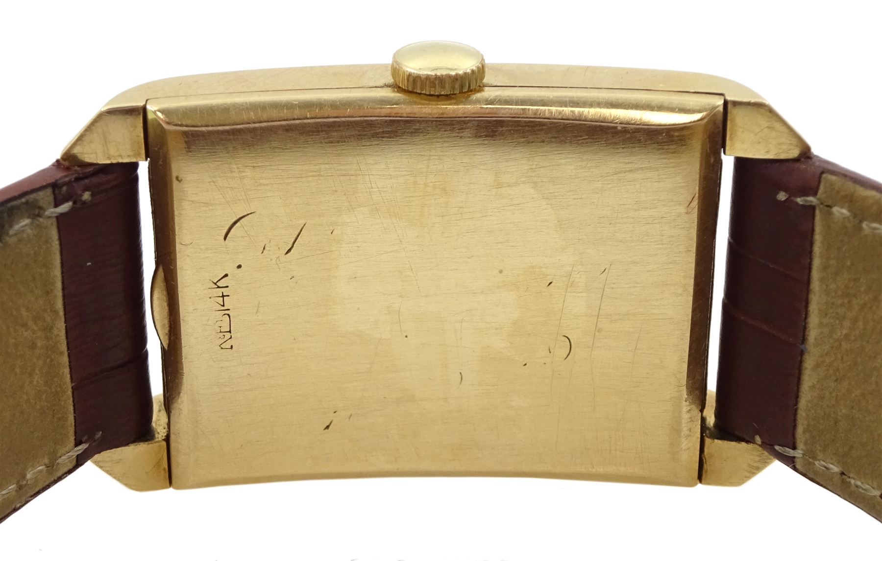 Longines gentleman's 14ct gold tank wristwatch, Cal 22L, serial No. 7593519, case No. 811582, the rectangular silvered dial with diamond set hour markers and subsidereary seconds dial, stamped 14K, on tan leather strap with original buckle, boxed