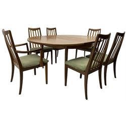 G-Plan - teak extending dining table, circular pull-out action top with folding butterfly leaf (D122cm - L168cm, H74cm); together with a set of six (4+2) dining chairs