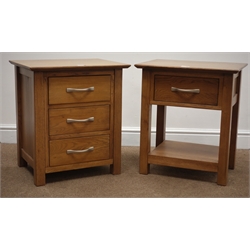  Modern oak bedside chest, moulded top, three drawers stile supports (W50cm, H57cm, D40cm) and matching stand, single drawer (W50cm, H57cm, D36cm  