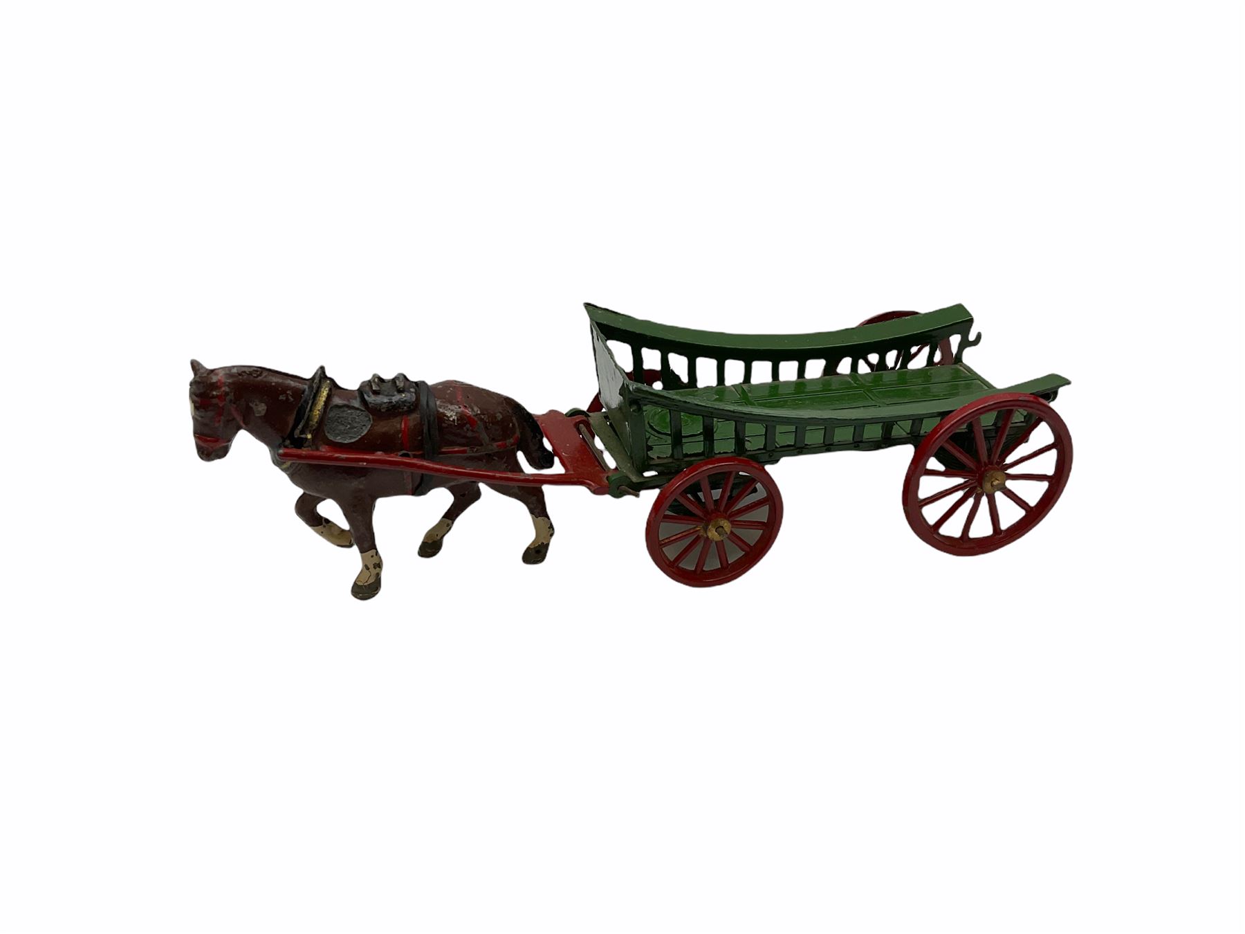 Lead figures - pre-war Charbens goat cart with girl; Timpo ploughman; Timpo cow; Salco Dray Carts; see-saw boat with boy and girl; two Charbens tractors; Taylor & Barrett governess cart; six Wendal figures etc