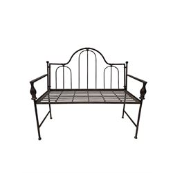 Wrought metal central arch shaped back garden bench in dark metallic finish - THIS LOT IS TO BE COLLECTED BY APPOINTMENT FROM DUGGLEBY STORAGE, GREAT HILL, EASTFIELD, SCARBOROUGH, YO11 3TX