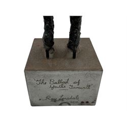 Ray Lonsdale (Northern British 1965-): 'The Ballad of Youths Farewell', steel statuette signed titled and dated 2010 to the base, H37cm including base 
Notes: originally a steel fabricator from Durham, sculpture had always been Ray’s passion, and after winning The People’s Award within the Hanging Jury Competition in Newcastle 2003, he now works as an artist full-time. He is best known for his large-scale public sculptures, such as 'Freddie Gilroy and the Belsen Stragglers' on Scarborough North Bay, 'The Tunney' on Scarborough Pier, 'The Smugglers Apprentice' on Merchants Row, and 'A High Tide in Short Wellies' on the Coble Landing Filey.