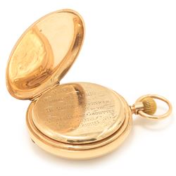 Victorian 9ct gold half hunter keyless lever presentation pocket watch by W. Margrett Hereford, No. 126629, white enamel dial with Roman numeral hour markers and subsidiary seconds dial, case by Rotherham & Sons, Birmingham 1897
