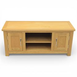 Contemporary oak television media cabinet, rectangular top fitted with two cupboards and central open shelf