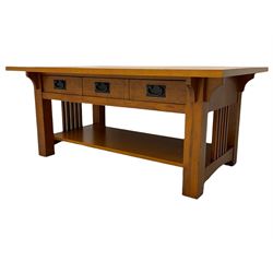 Light oak rectangular coffee table, with under-tier, two slide-through drawers