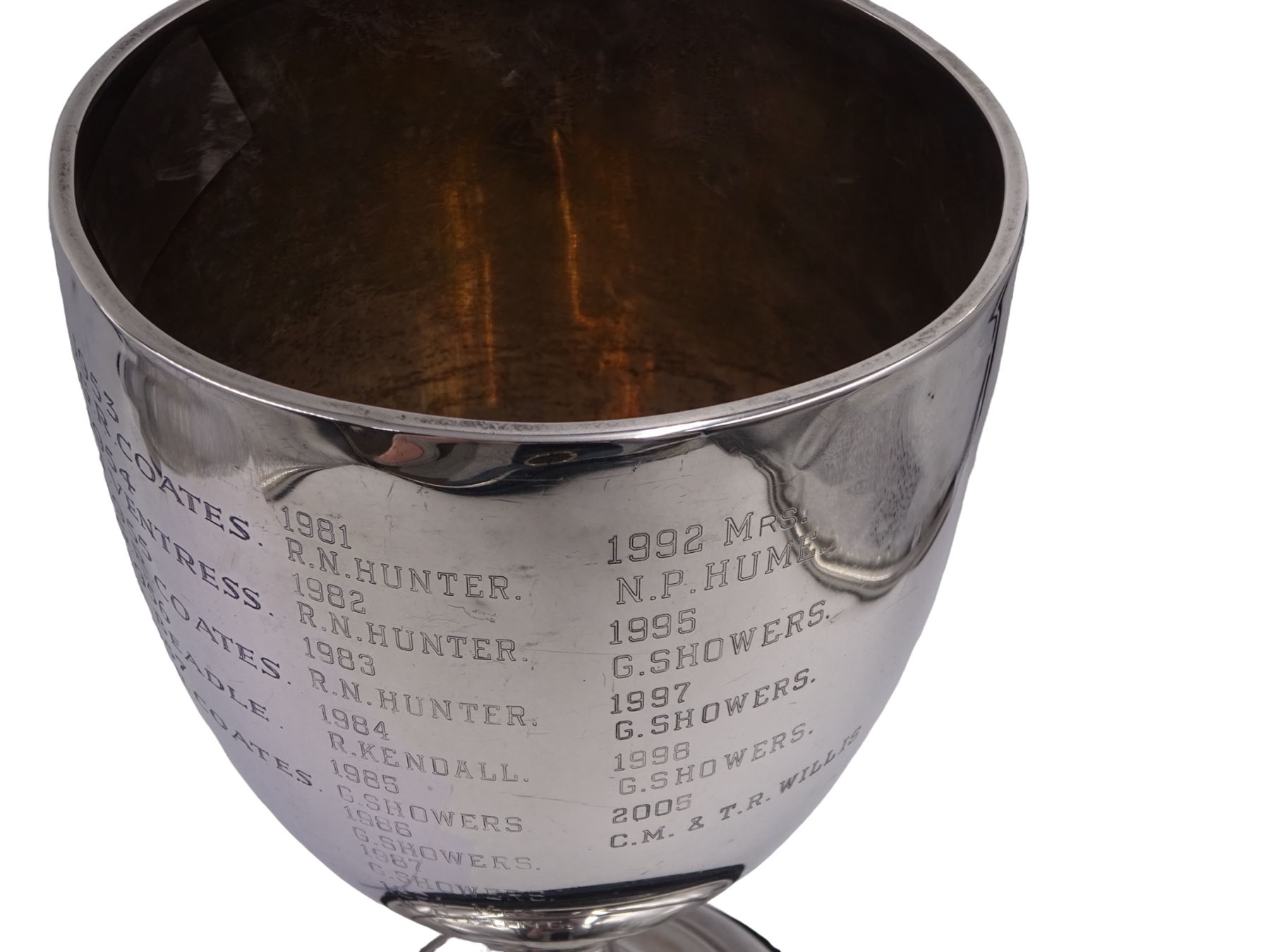 1930s silver trophy cup, of plain form, upon knopped stem and circular stepped foot, body with presentation engraving 'Cloughton and Burniston Sweet Pea Challenge Cup' with winners engraved verso, hallmarked Walker & Hall, Sheffield 1931, upon ebonised base, including base H28.7cm