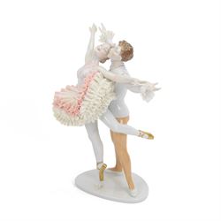 Unterweissbach lace figure, designed by K. Steiner, modelled as two ballerinas, the female...