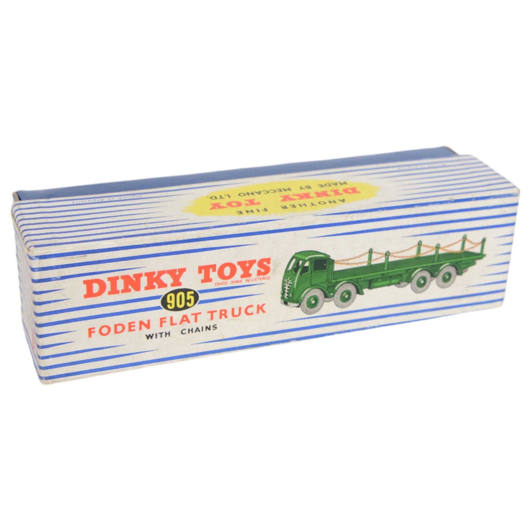 Two Meccano Dinky Supertoys diecast models, comprising Foden Flat Truck with Tailboard no. 903, in blue and orange finish, and Foden Flat Truck with chains, in green finish, both boxed, no. 905 in dual numbered box