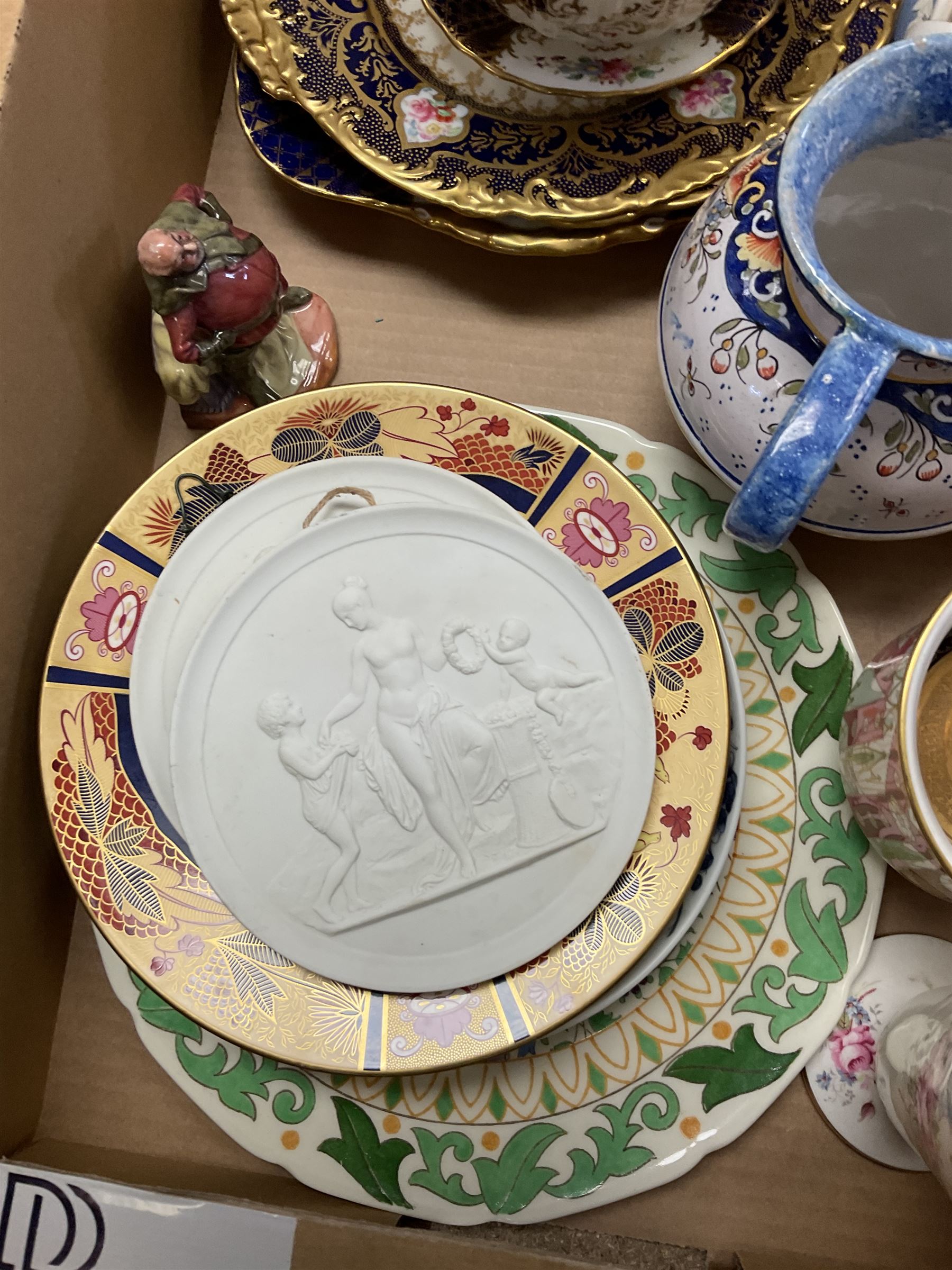 Assorted ceramics to include pair of Royal Copenhagen white bisque plaques decorated with classical scenes, D13.5cm, various tea wares to include Wedwood examples, Royal Worcester Lord Nelson anniversary collection plate, Rouen fiance twin handles, vase, etc., in one box