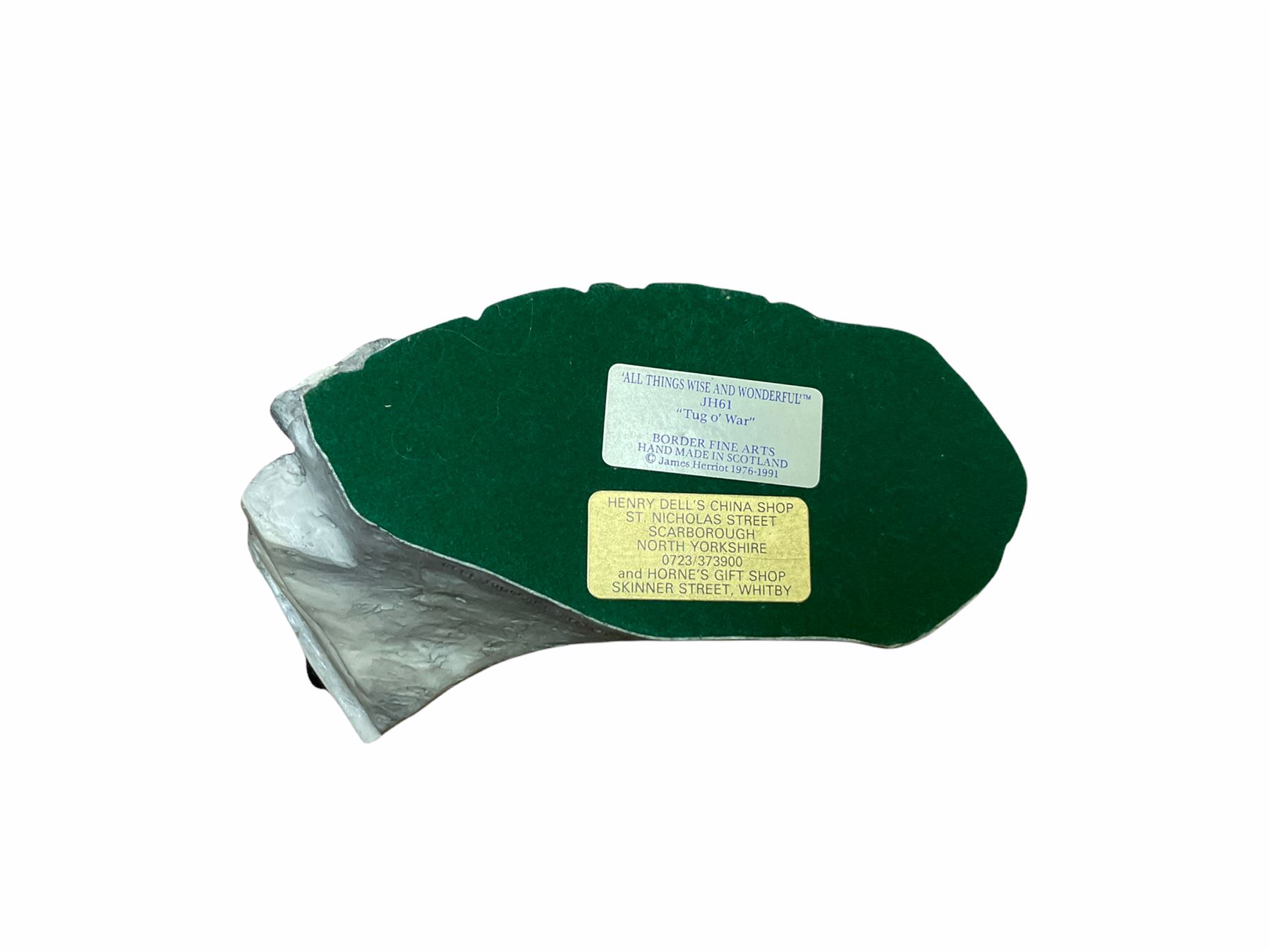 Border fine arts figures, Pick of the litter, model no JH30, by Ray Ayres L26cm, Tug of war, model no JH61, by D Walton H11.5cm and Robin with chicks in boot, model no RB45, by by Ray Ayres H11cm.  