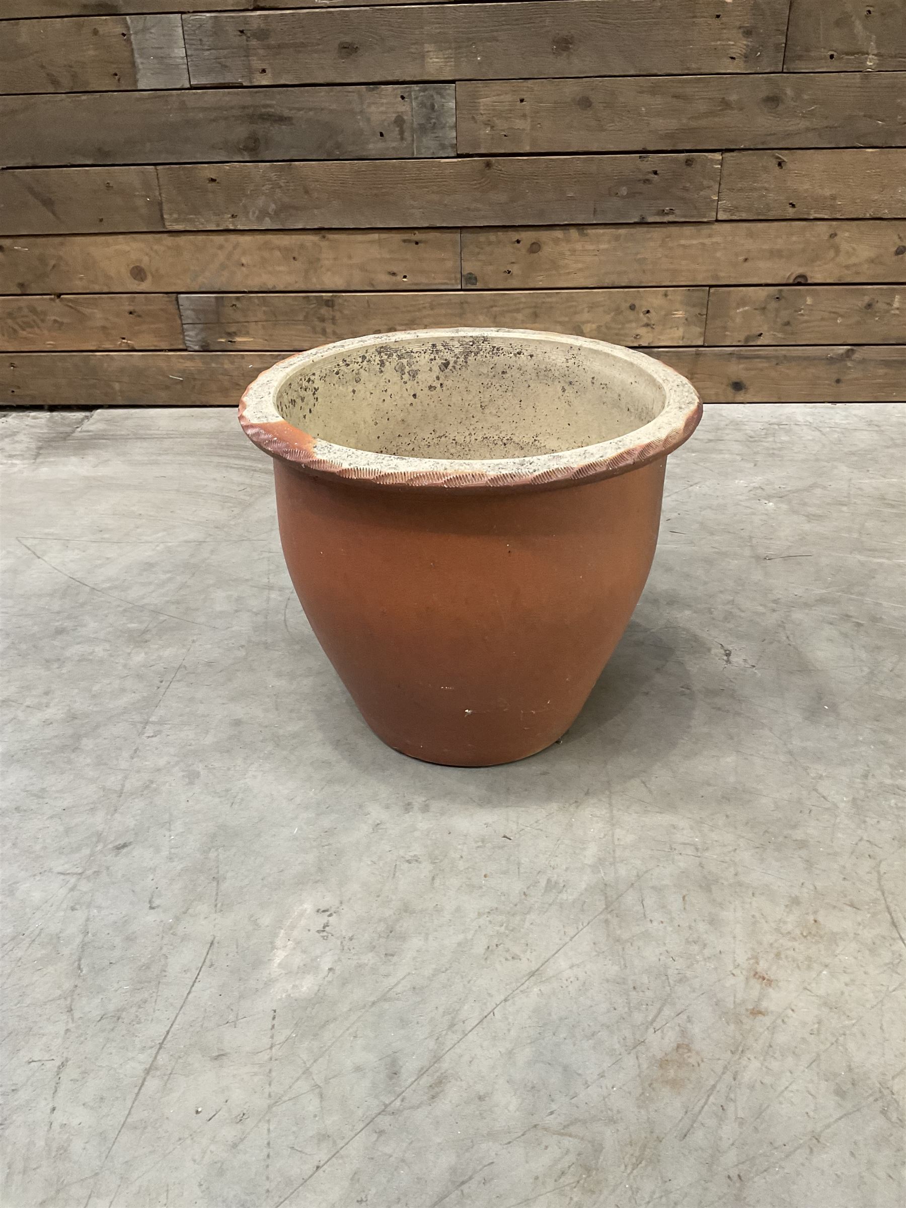 Cast iron cauldron set pot with 2 terracotta chimney pots and 2 terracotta planters,