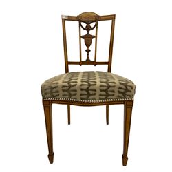 Edwardian satinwood bedroom chair, the raised arched cresting rail inlaid with fan over swag and urn carved splat, patterned crushed velvet upholstered seat, square tapering front supports with spade feet