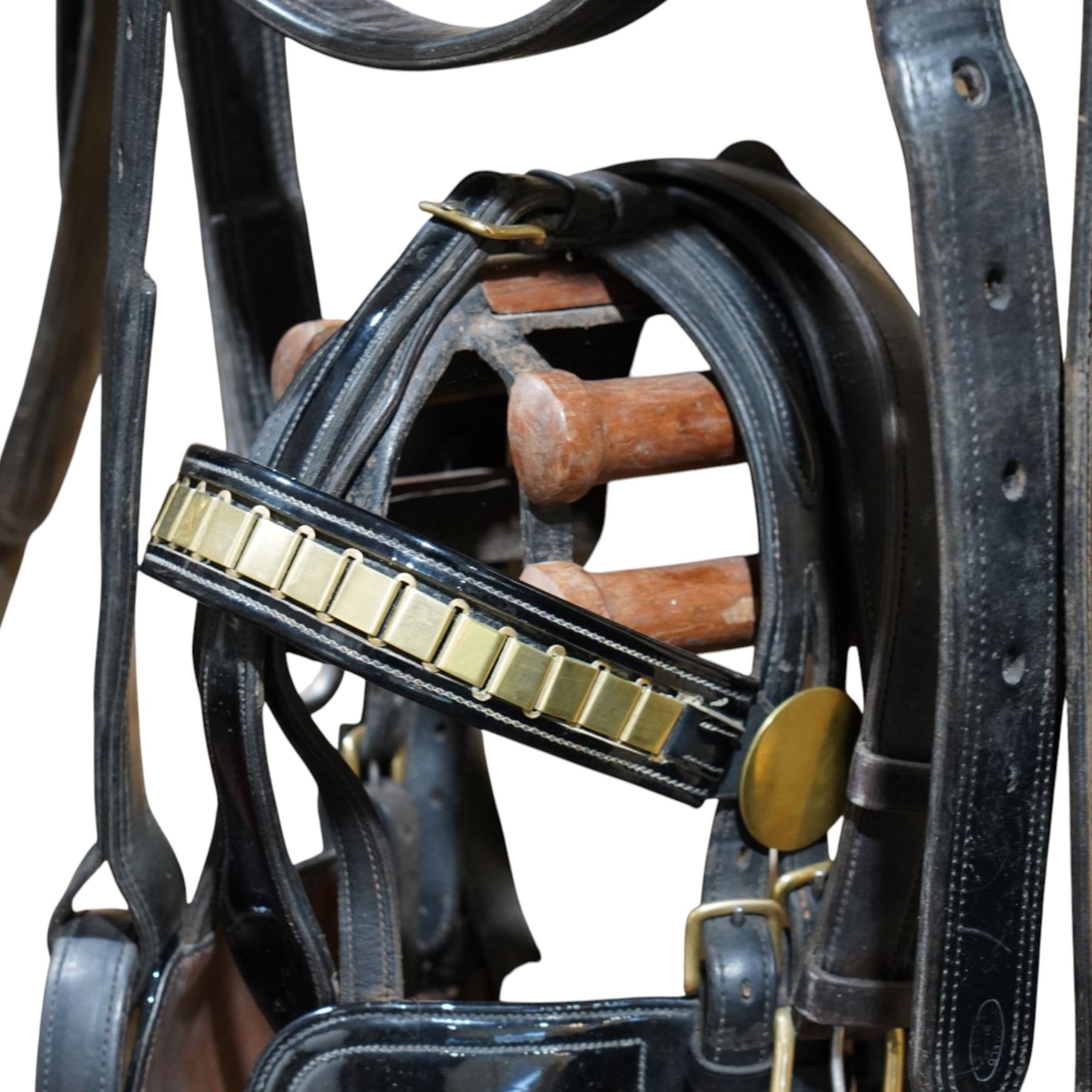 John McDonald - team set of black leather and brass harness, including four black patent leather collars (24