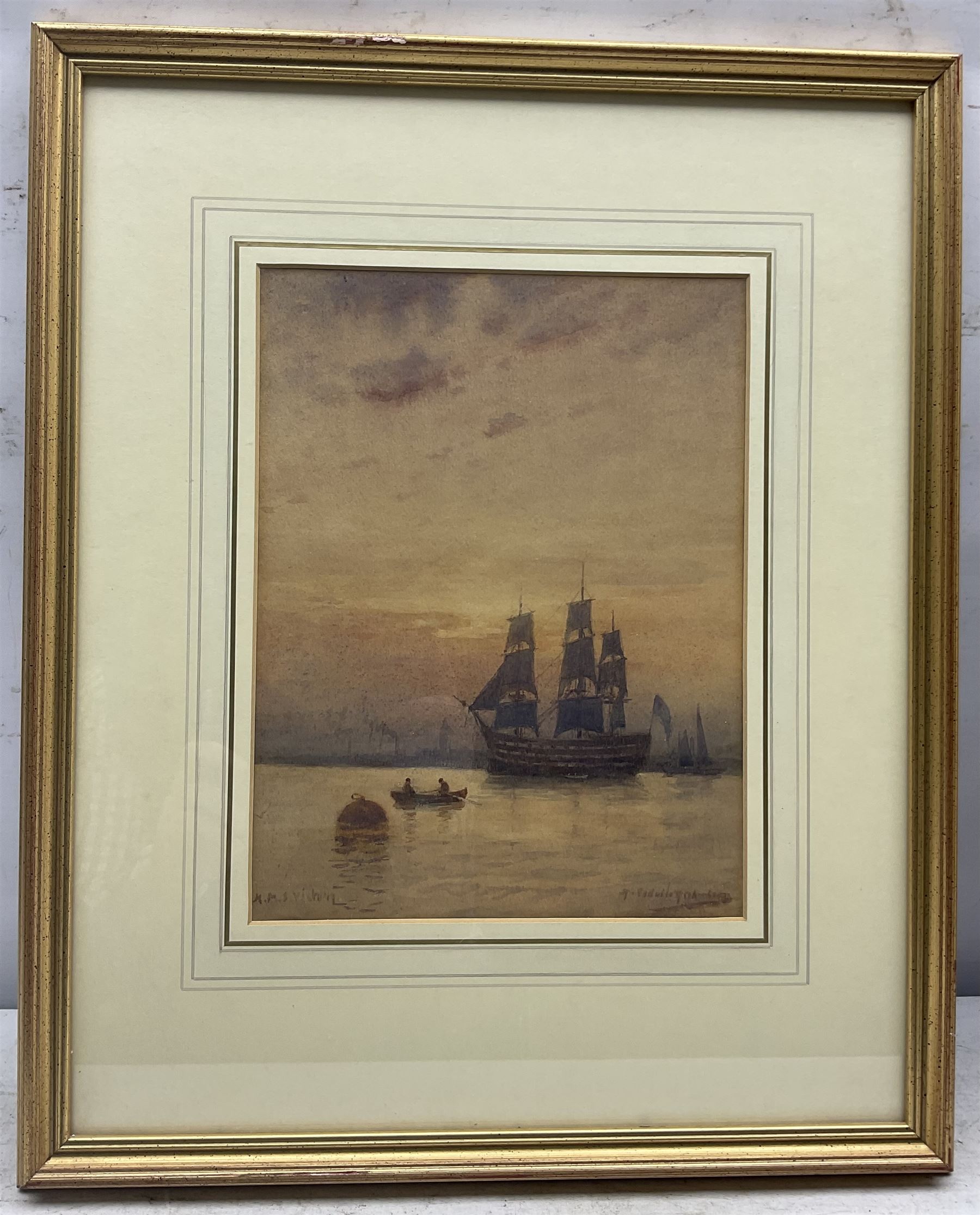 Robert William Esdaile Richardson (British 1861-1941): 'HMS Victory' in Portsmouth Harbour, watercolour signed and titled 27cm x 20cm