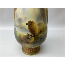 Early 20th century Royal Worcester vase decorated by Harry Davis, of ovoid form with twin acanthus mounted handles and waisted high neck supporting a domed cover, upon a circular foot, the body hand painted with sheep in a highland landscape, signed H Davis, with puce printed marks beneath including shape number 2425, and date code for 1907, H27.5cm