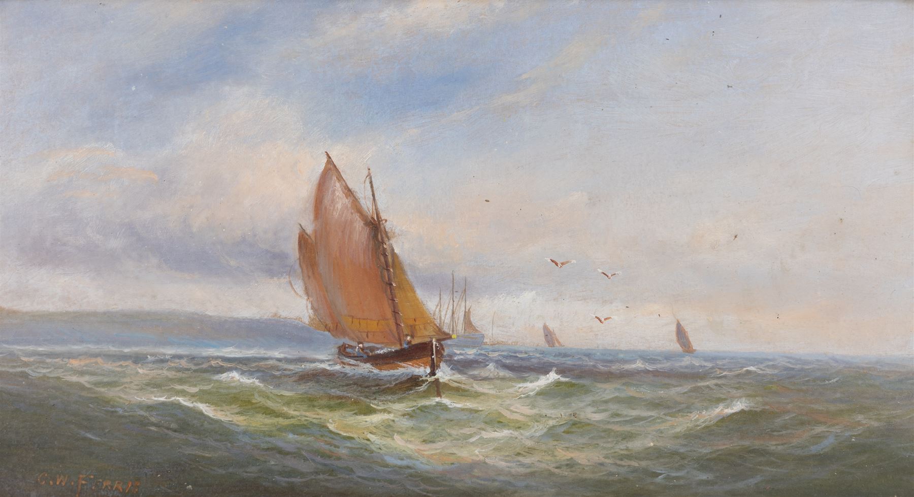 Charles W Ferris (British 19th/20th Century): Boats on Choppy Waters with Distant Seagulls, oil on board signed and dated 1901, 24cm x 44.5cm
