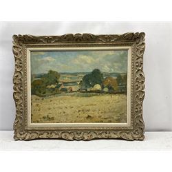 Modern British (20th century): Landscape with Farm, oil on canvas possible signature lower left 45cm x 60cm