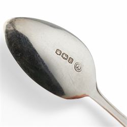 Set of twelve silver coffee spoons with shaped finials Birmingham 1956, set of six silver teaspoons engraved with initials Sheffield 1932 and five George III teaspoons London 1808 Maker Peter and William Bateman