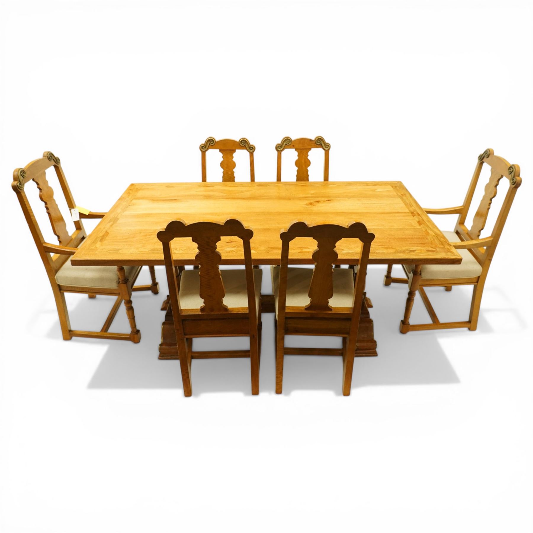 Baker Furniture - 'Baluster' range mango wood dining suite, comprising a refectory dining table raised on twin pillars with scrolled bases, with six chairs including two carvers, with gilt mounts and neutral upholstery