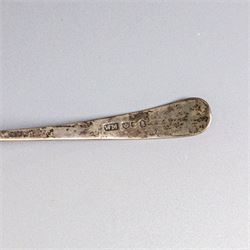 Six 19th century silver sauce ladles, comprising George III pair with engraved monogram to terminal, hallmarked Richard Crossley & George Smith IV, London 1807, pair of Scottish silver Fiddle pattern examples with engraved initials, hallmarked Marshall & Sons, Edinburgh 1836 and two other, both hallmarked
