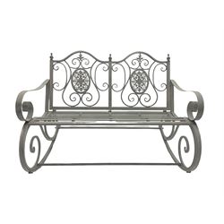 Wrought metal rocking garden bench seat, in antique grey finish