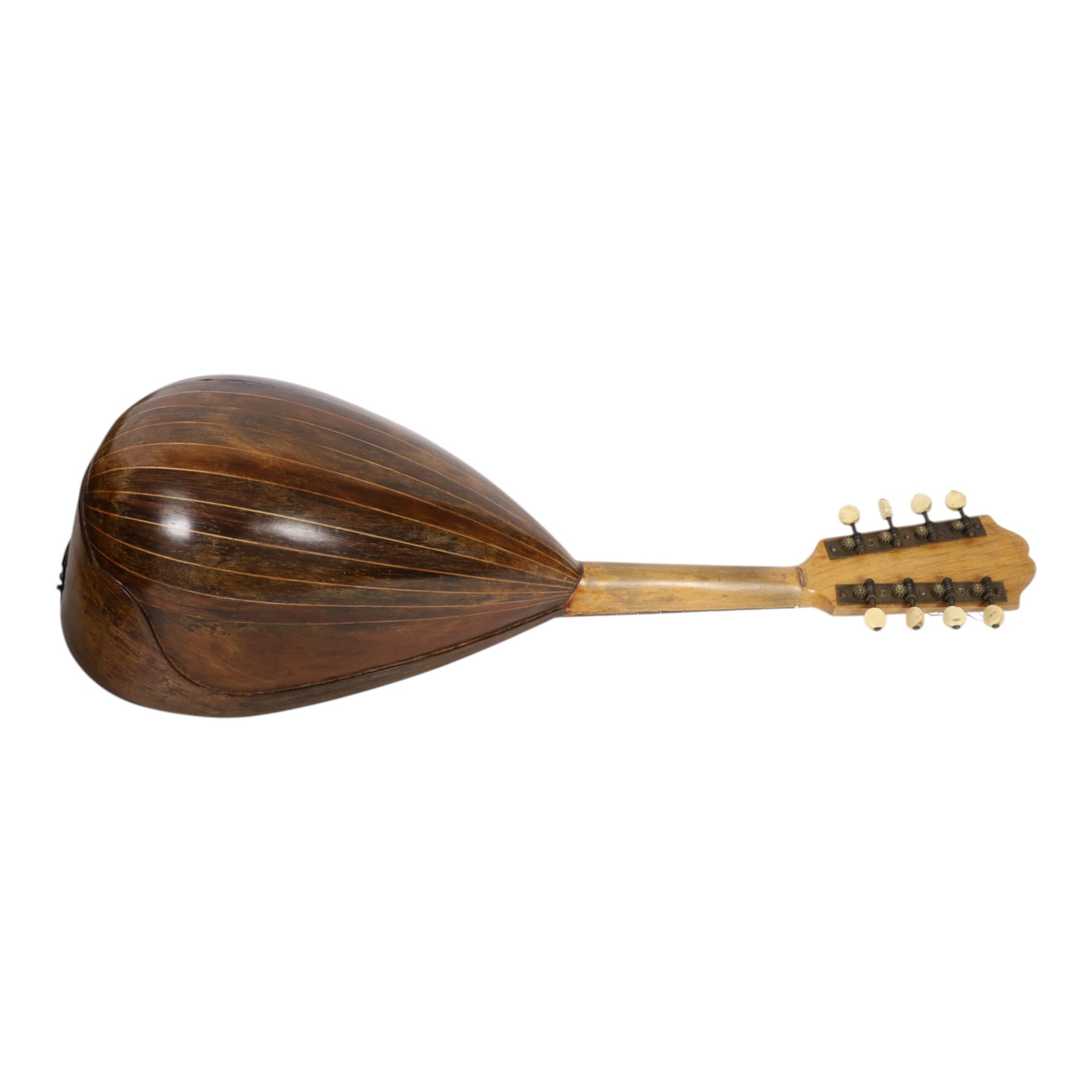 Early 20th century Italian bowl back mandolin, with bone tuners and faux tortoiseshell tailpiece, in hard carry case