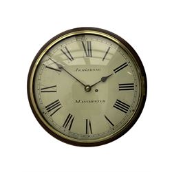 A 19th century eight-day mahogany single train fusee wall clock with a 14” dial and 17” mahogany bezel, cream painted dial with Roman numerals, minute track and steel spade hands, retailed by “Armstrong, Manchester” with a convex glass and a cast brass bezel, case with side door and pendulum regulation door. The Armstrong family were Manchester retailers of both English and imported clocks during the mid to late 19th century. 
With pendulum.




