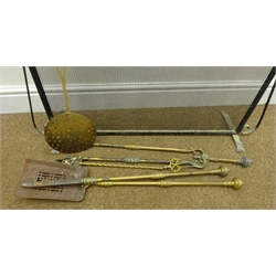  Wrought iron mesh fire screen, W76cm x H80cm, Victorian brass fire irons, skimmer and other brassware   