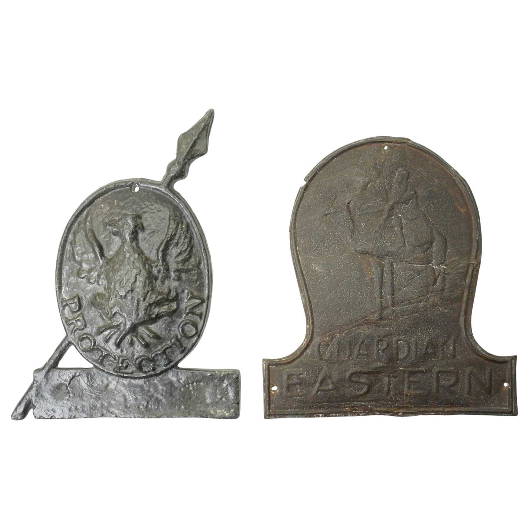  Lead fire mark marked 'Protection' and cast with a phoenix H26cm and a tin fire mark marked 'Guardian Eastern' (2)