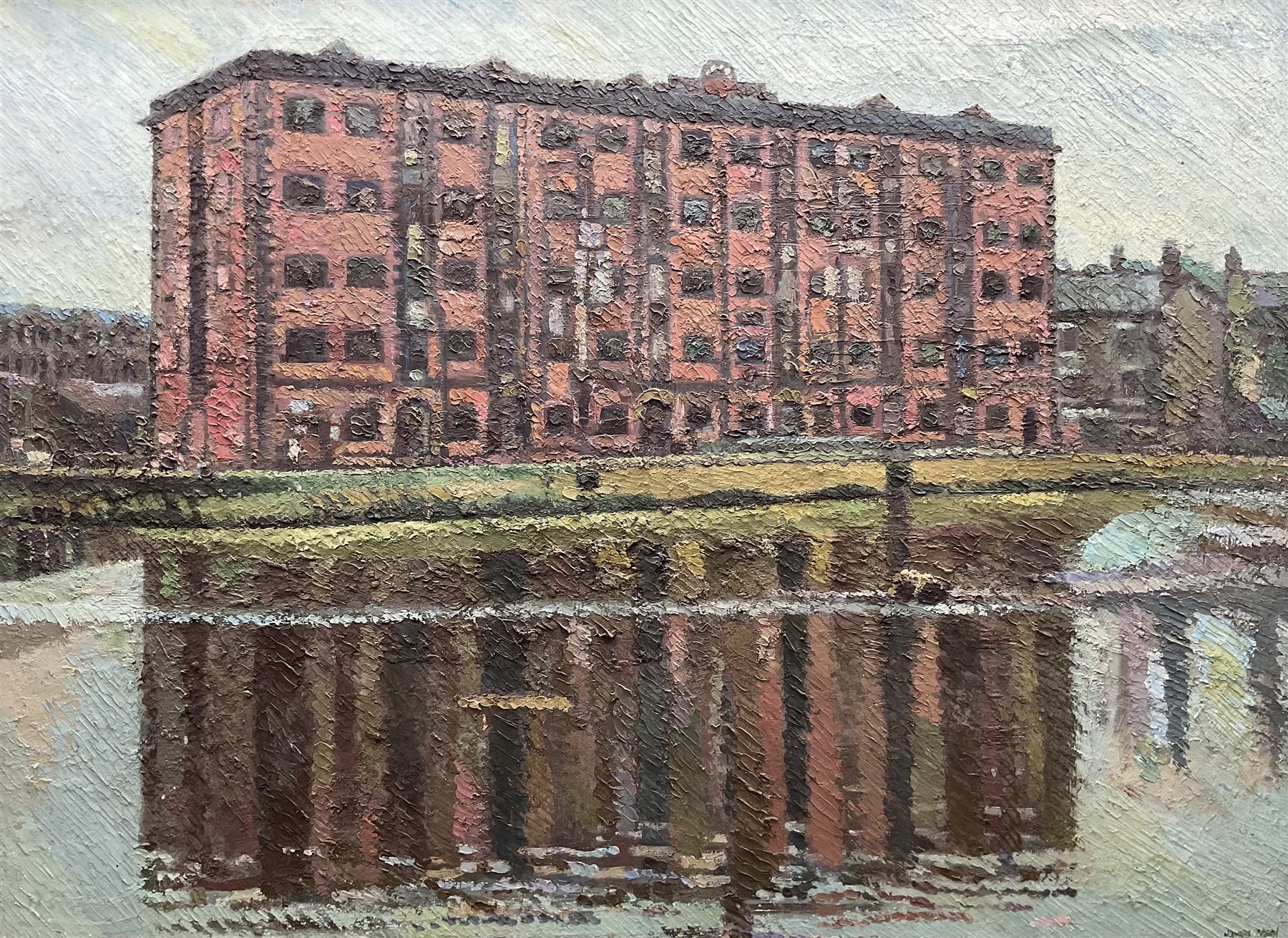 James Neal (Northern British 1918-2011): 'No. 7 (Second Version)' - Warehouses, oil on board signed, titled on label verso  68cm x 73cm 
Provenance: from The Bell Hotel, Driffield