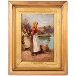 Robert Jobling (Staithes Group 1841-1923): Fishergirl by the North Shields Fish Quay near the Old Low Light, oil on board signed 25cm x 17cm
