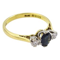 18ct gold three stone oval sapphire and round brilliant cut diamond ring, London 1963, sapphire approx 0.50 carat