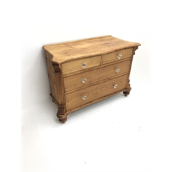 Victorian pine chest, shaped moulded top, two short and two long drawers, turned supports, W110cm, H80cm, D51cm