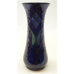  Moorcroft Lattice pattern vase of tapered form with flared rim, designed by Sally Tuffin on blue ground, H21cm   