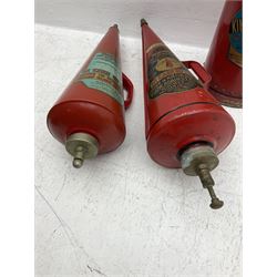 Kingsford fire extinguisher of riveted conical form, dated 1965, with painted and printed decoration, together with two Minimax conical examples dated 1966 and 1954 with gilt decoration, H approx 70cm