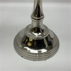 Pair of four branch candelabras, urn-shaped nozzles raised upon scroll branches supported from tapering central stem, with a stepped circular base, H40cm