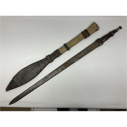 African Mandingo sword, the 75cm triple fullered blade with leather covered grip and brass pommel, in part leather covered scabbard with leaf shaped point L98cm overall