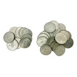 Twenty-eight King George VI pre 1947 silver two shilling coins, dated ten 1945 and eighteen 1946, approximately 310 grams