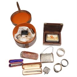 Collection of silver items including purse, three napkin rings, two vesta cases, silver ch...