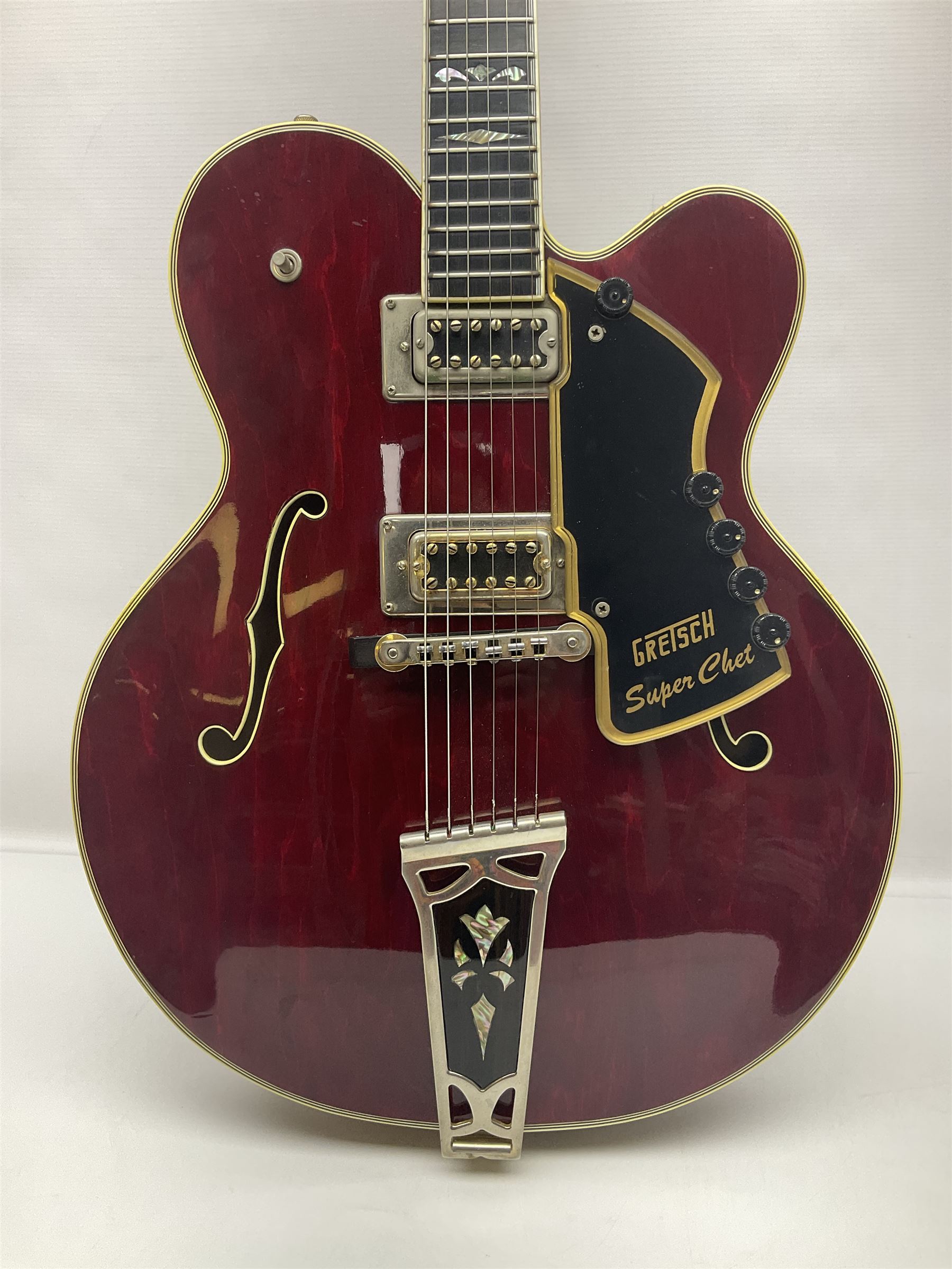 American Gretsch Super Chet semi-acoustic guitar, 1960s/70s, with 'pots' on scratch plate, serial no.5 2071, L111cm overall;  in original hard carrying case  