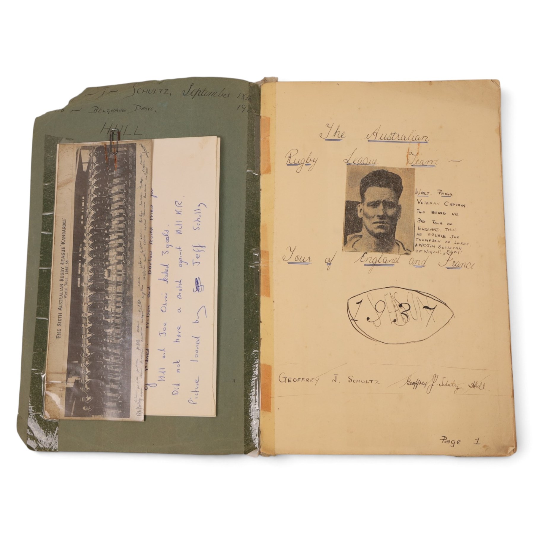 Three 1930s autograph and scrap books, comprising a scrap book documenting the Australian Rugby League team tour of England and France 1937 with newspaper clippings and a collection of signatures in pencil including Wally Prigg, Harry Pearce and Jack Reardon and two autograph books from 1935 and 1936, with signatures including players from St Helens RLFC, Yorkshire Cricket Club, Hull FC, Dewsbury RLFC, Blackpool FC, Salford RLFC, Leeds RLFC, Batley RLFC, Wigan RLFC, Manchester United, Hull Baseball Club, Tottenham Hotspur FC, and assorted entertainment signatures from theatres of the time 