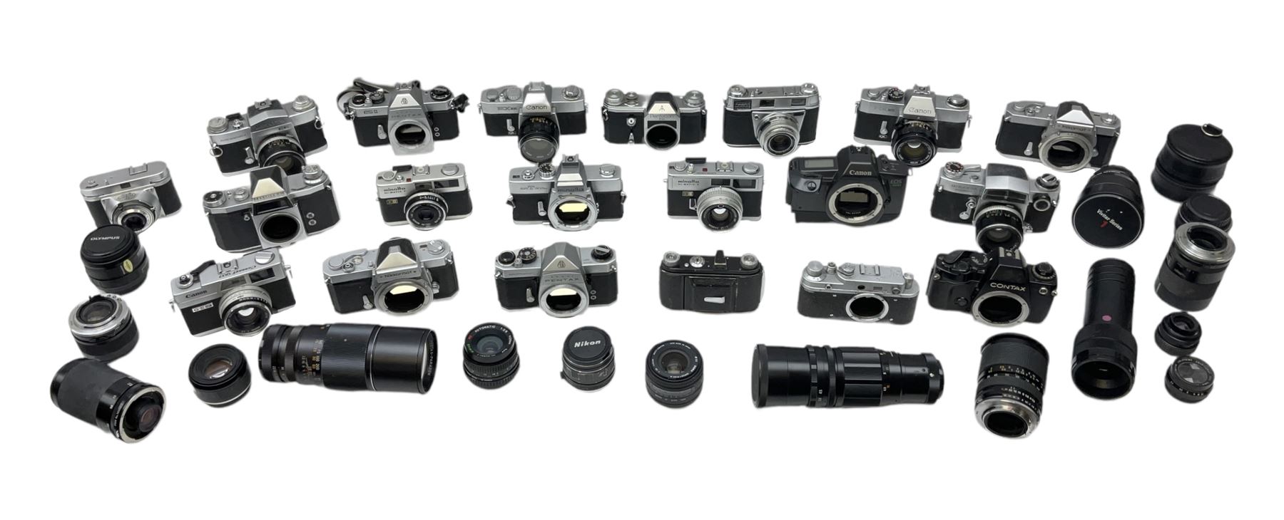 Collection of camera bodies and lenses, to include Contax 159mm, Pentacon FM, Miranda EE, Canon EXee, Praktica IV FB, 'Photax-Paragon 1:5 f=300mm no.312703' lens, 'Sirius MC Automatic 1:2.8 f=28mm, 52 No.934417 etc