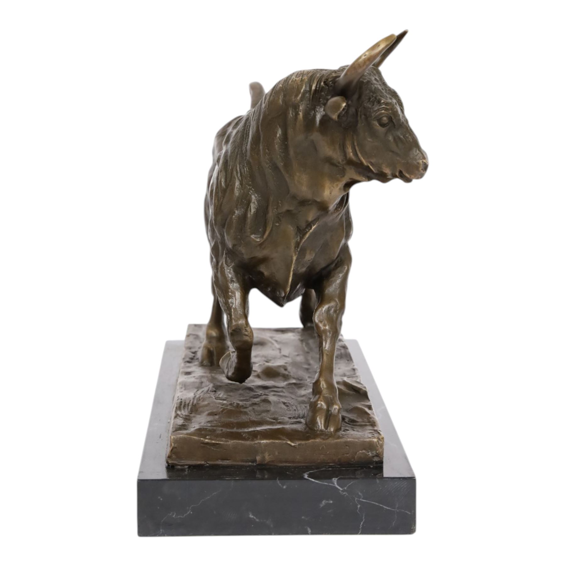 Bronze figure, modelled as a bull, upon naturalistically modelled rectangular base signed Milo and with foundry mark, raised upon black marble base, H27cm L36cm