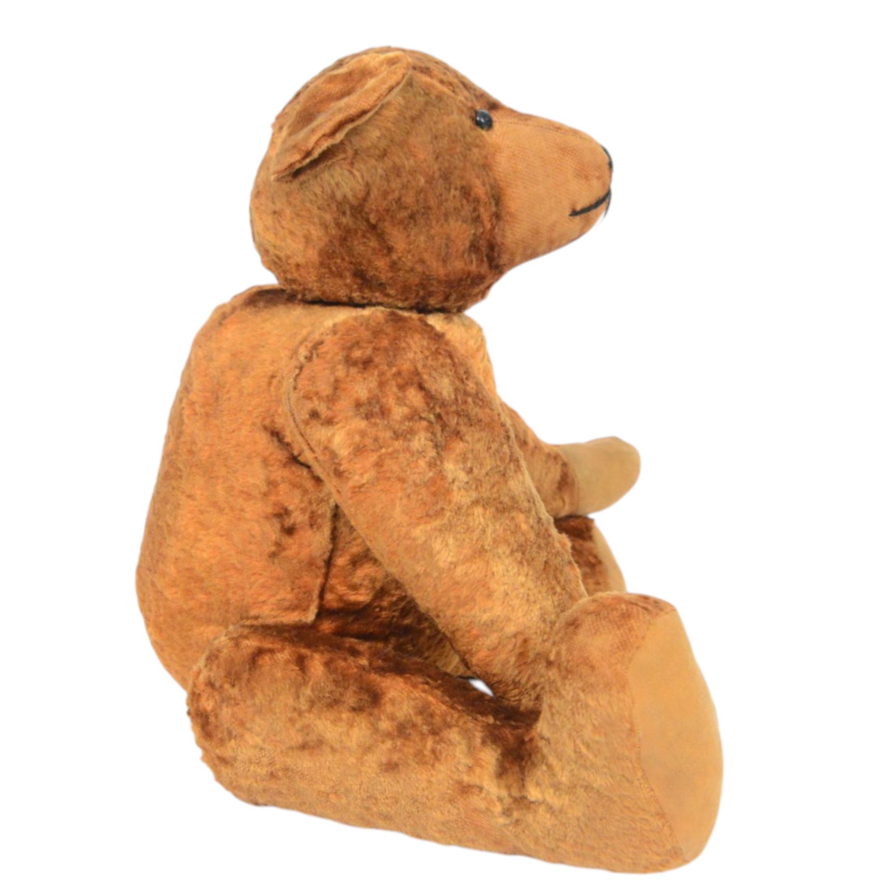 20th century teddy bear, red/brown mohair bear with black plastic eyes, straw filled snout with stitched nose and downturned mount, jointed limbs, swivel head and hump to back, H52cm