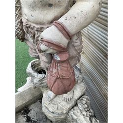 Three section cast stone garden figure of a boy carrying fishing net and a satchel with a water feature together with a cast stone planter on plinth - THIS LOT IS TO BE COLLECTED BY APPOINTMENT FROM DUGGLEBY STORAGE, GREAT HILL, EASTFIELD, SCARBOROUGH, YO11 3TX