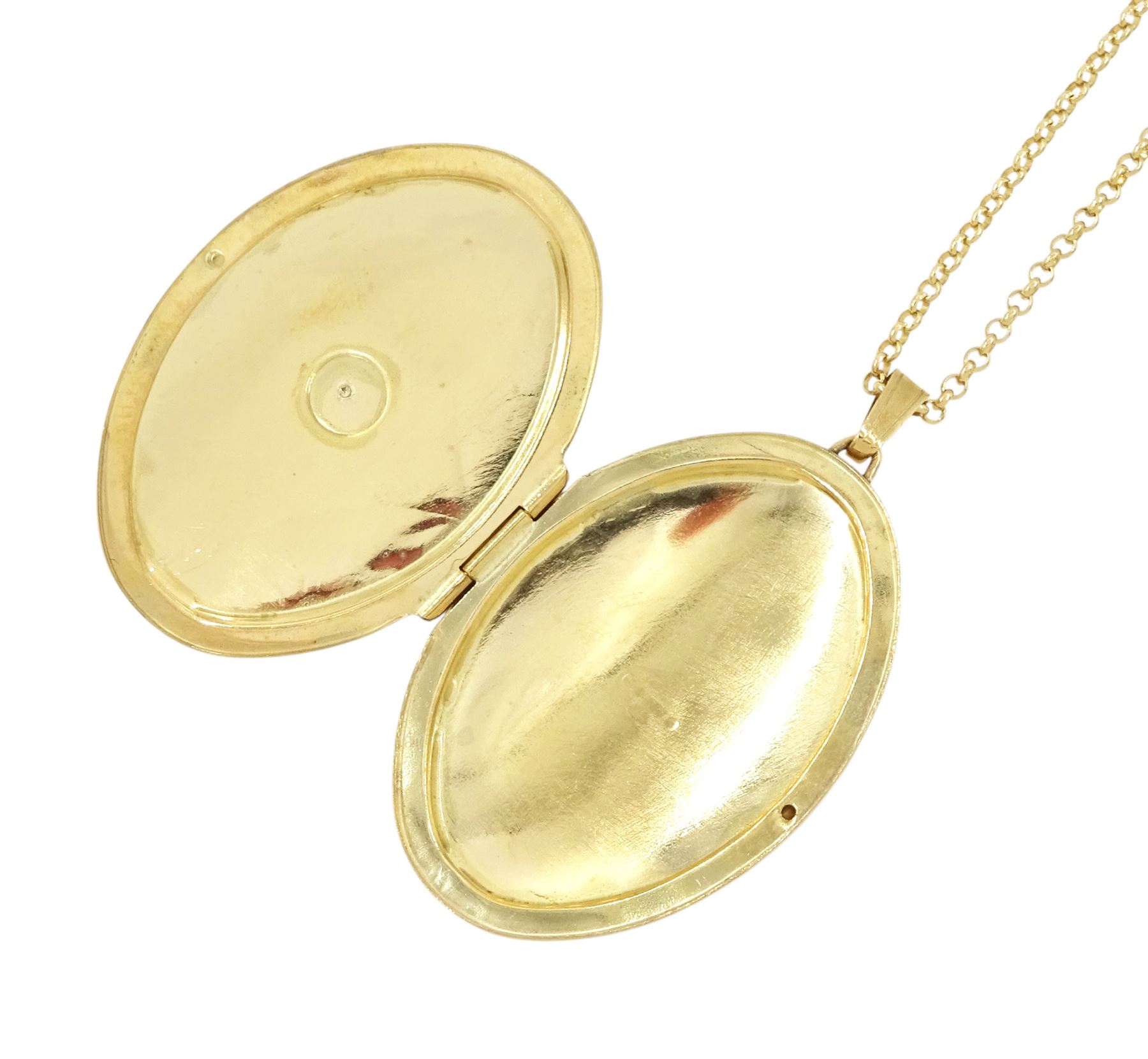 9ct gold hinged locket pendant necklace, with engraved decoration and set with a single diamond chip, hallmarked
